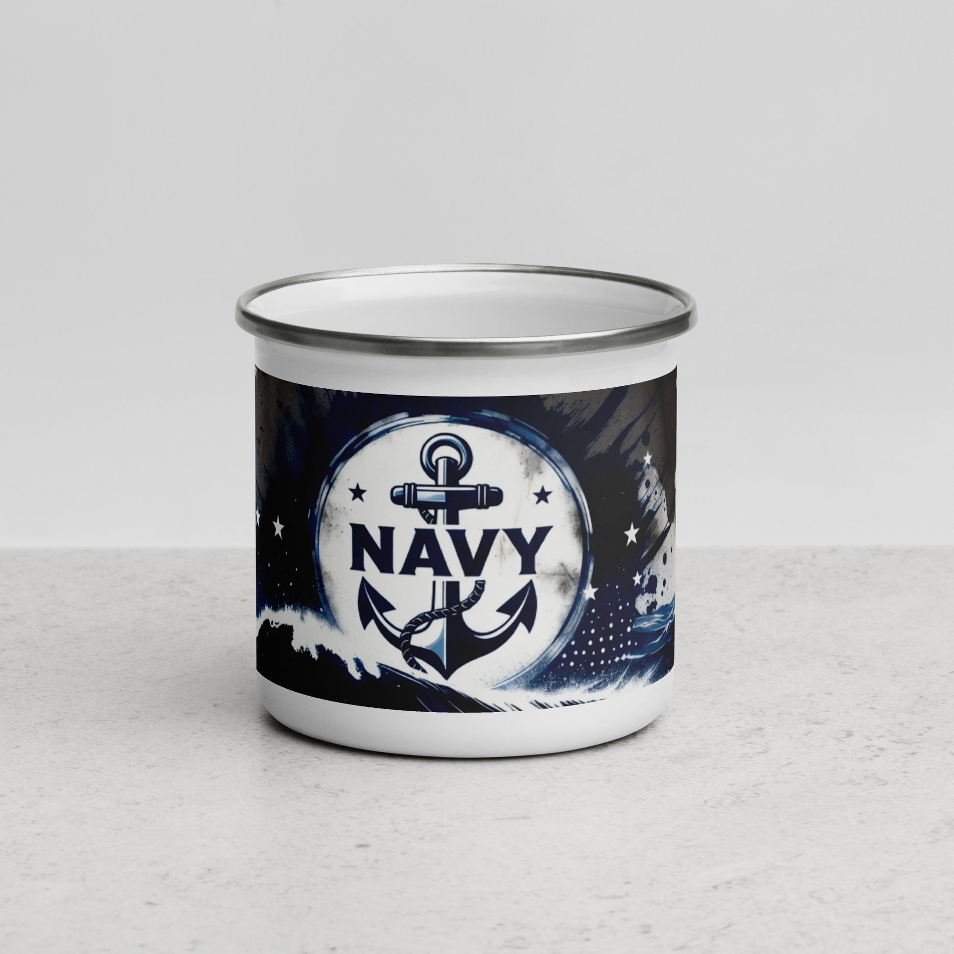 Enamel mug with navy-themed design on a light gray background