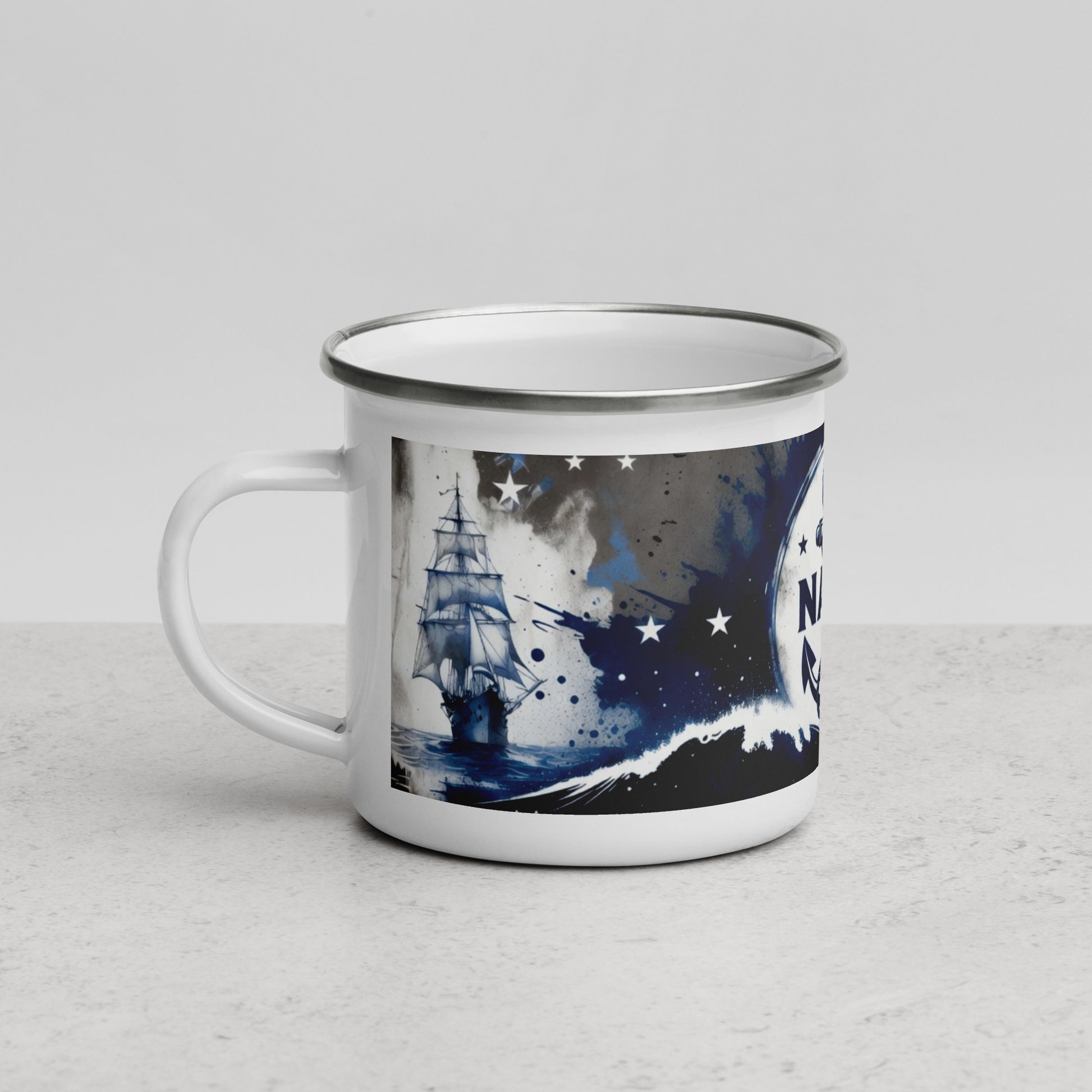 Enamel mug with a ship design on a white background