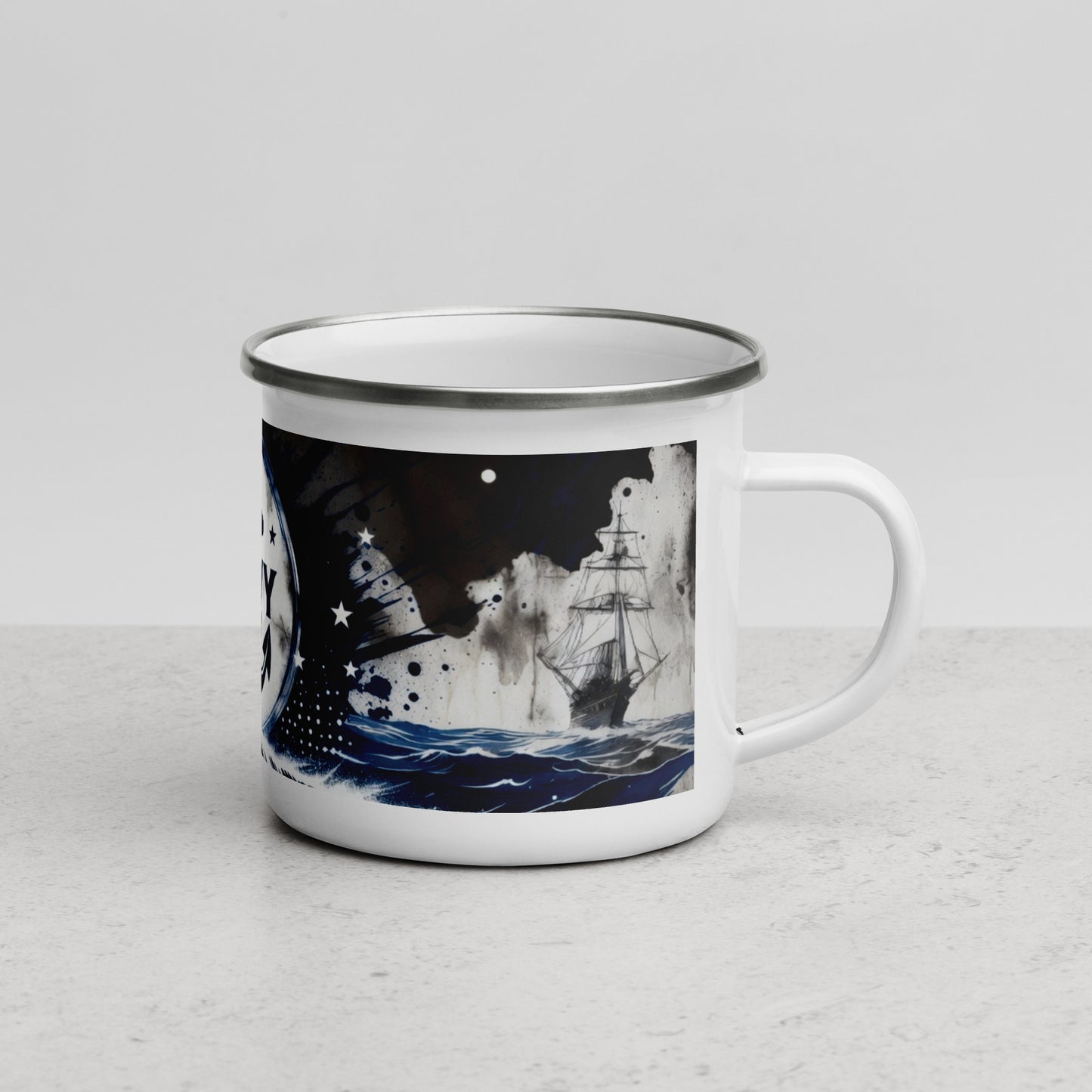 Mug with a nautical ship design on a white background