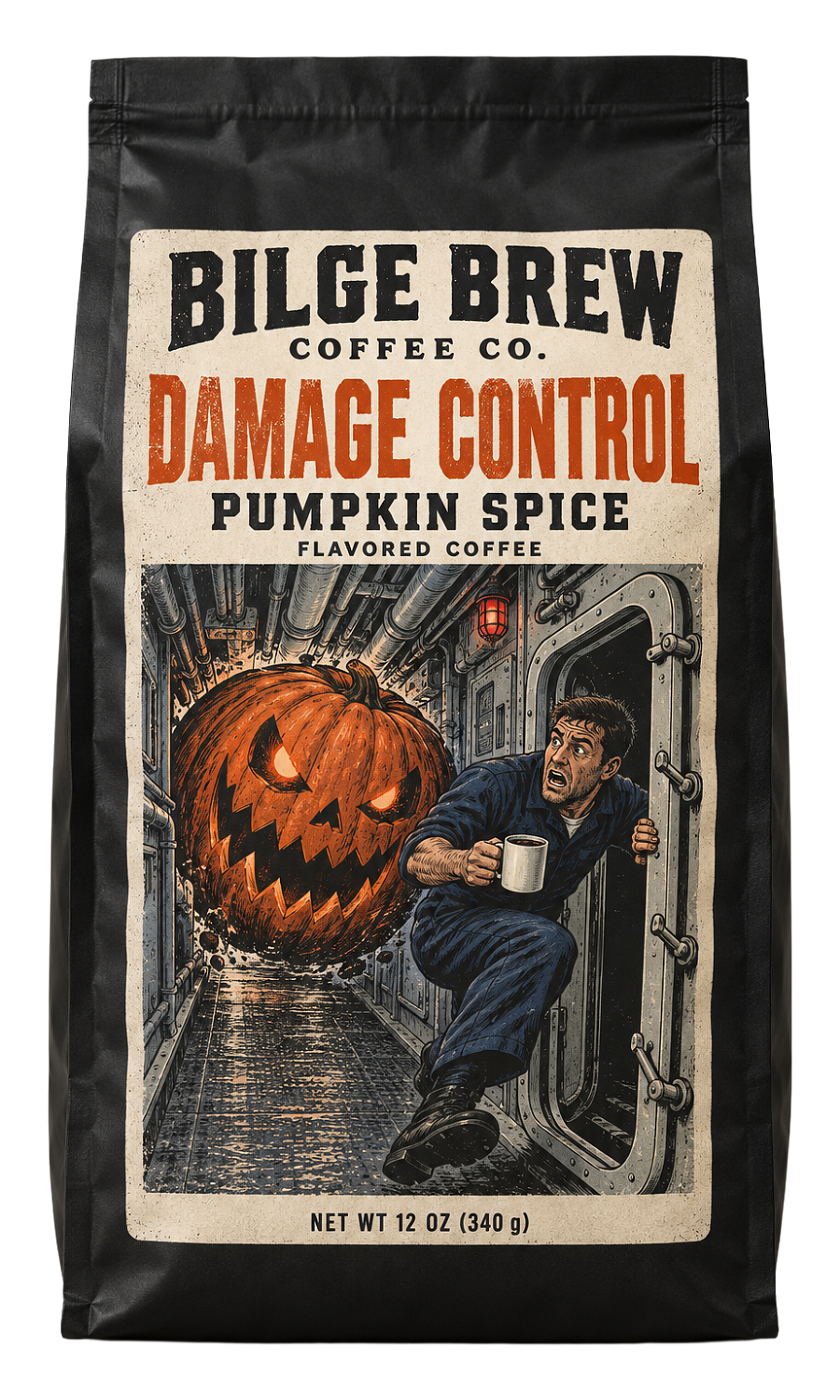 A 12 oz bag of Bilge Brew Coffee Co. Damage Control Pumpkin Spice Flavored Coffee.