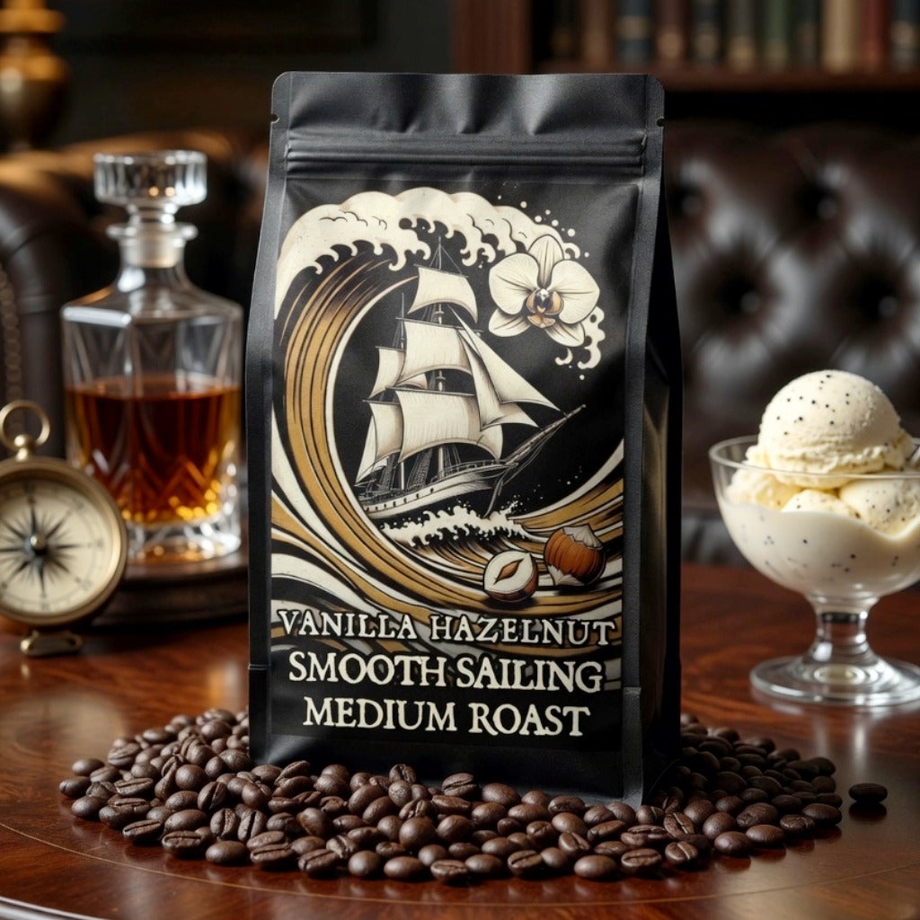 Vanilla hazelnut coffee bag with ship design on a wooden table with coffee beans, ice cream, and decanter.