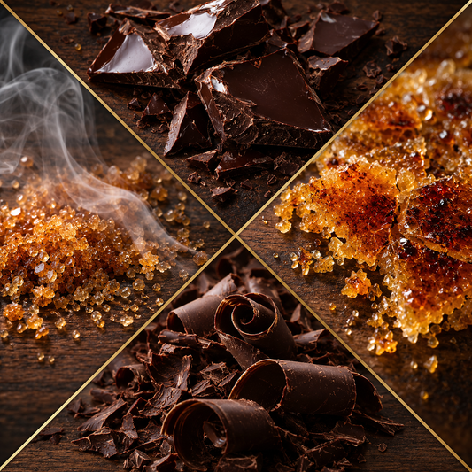 Four diagonal panels on a dark wood background showing chocolate and caramel ingredients: broken dark chocolate pieces, glossy brown sugar crystals with steam, caramelized honeycomb-like sugar clusters, and chocolate curls.