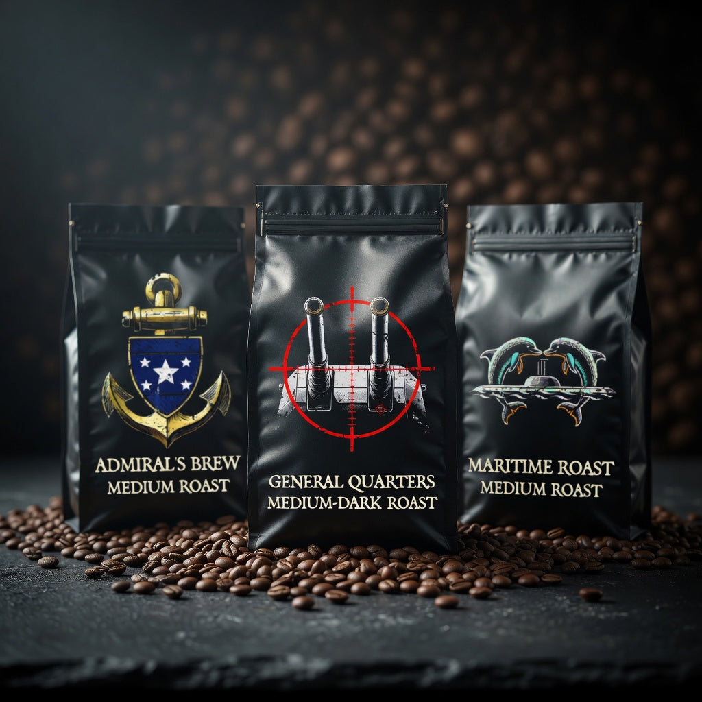 Three coffee bags with different designs and text on a dark surface with coffee beans.
