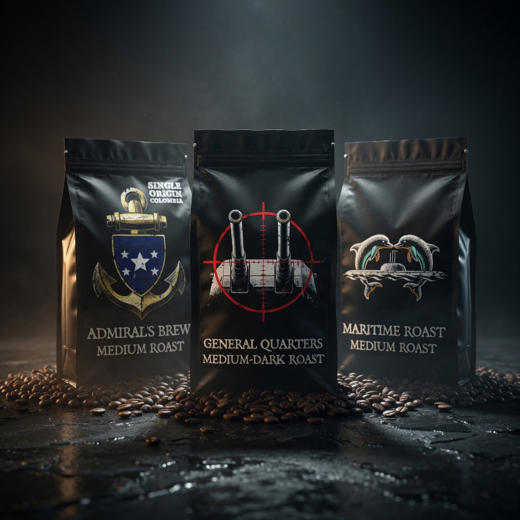 Three coffee bags with different designs and text on a dark background