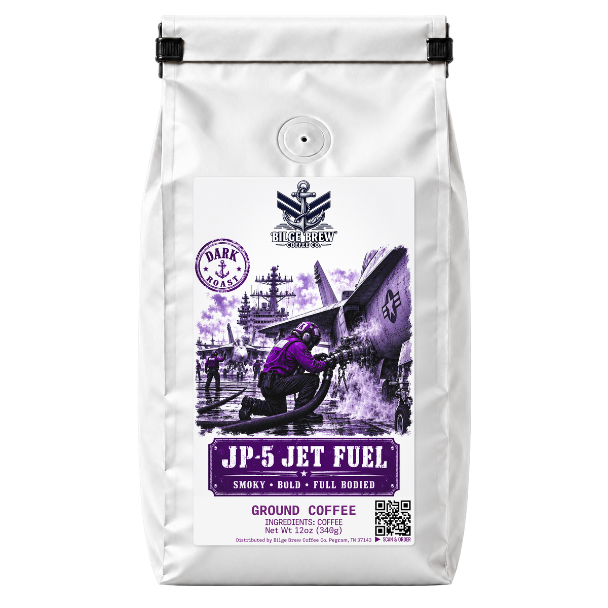 JP-5 Jet Fuel is Bilge Brew's darkest Italian-style roast, with a deeply roasted, smoky, full-bodied cup. Available whole bean or ground for drip brewing.