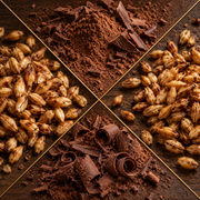 A four-quadrant close-up collage of chocolate and cereal ingredients on a dark wooden surface, including cocoa powder, chocolate shavings, and toasted oats.