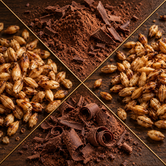 A four-quadrant close-up collage of chocolate and cereal ingredients on a dark wooden surface, including cocoa powder, chocolate shavings, and toasted oats.