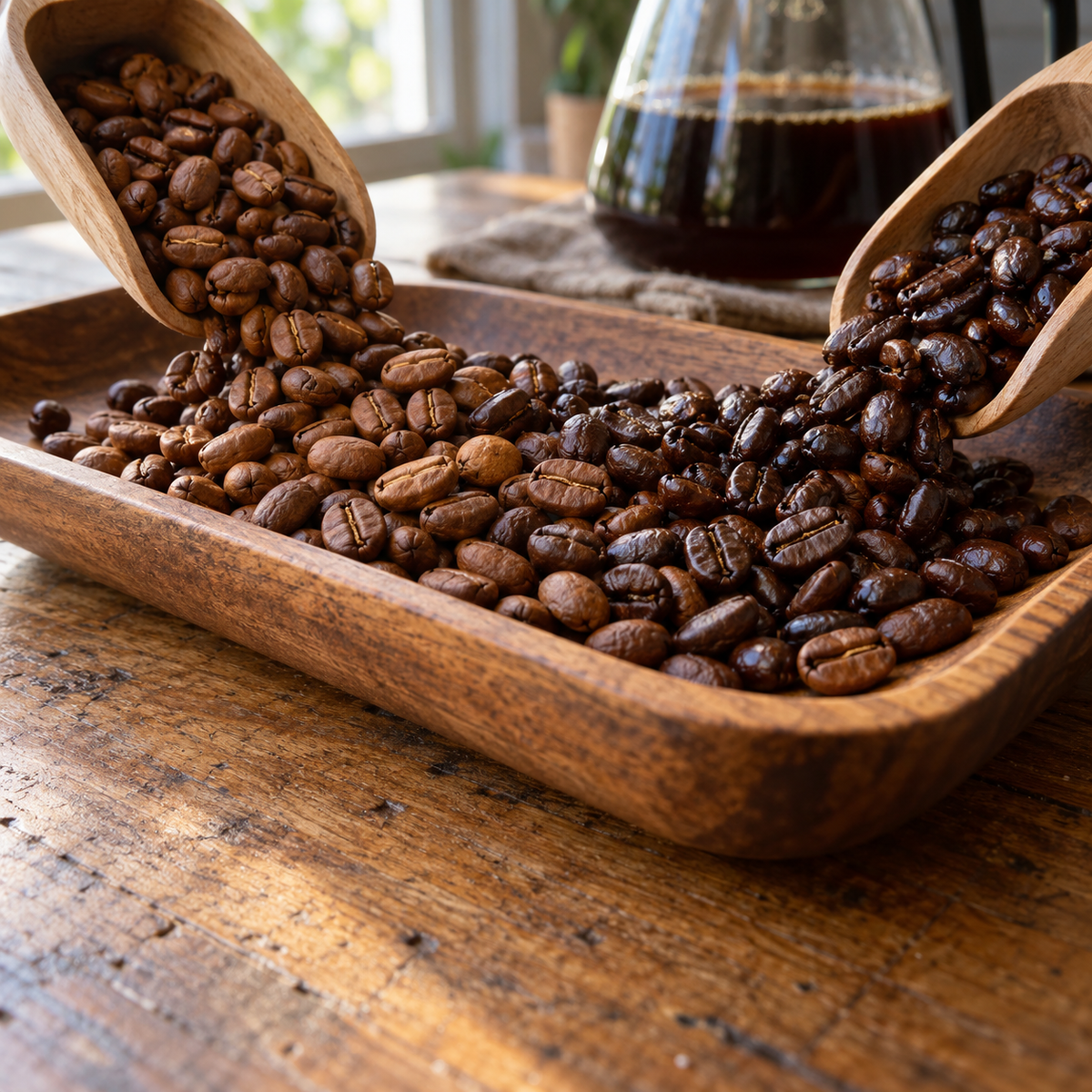 med and med-dark coffee beans being mixed together on a wood tray.