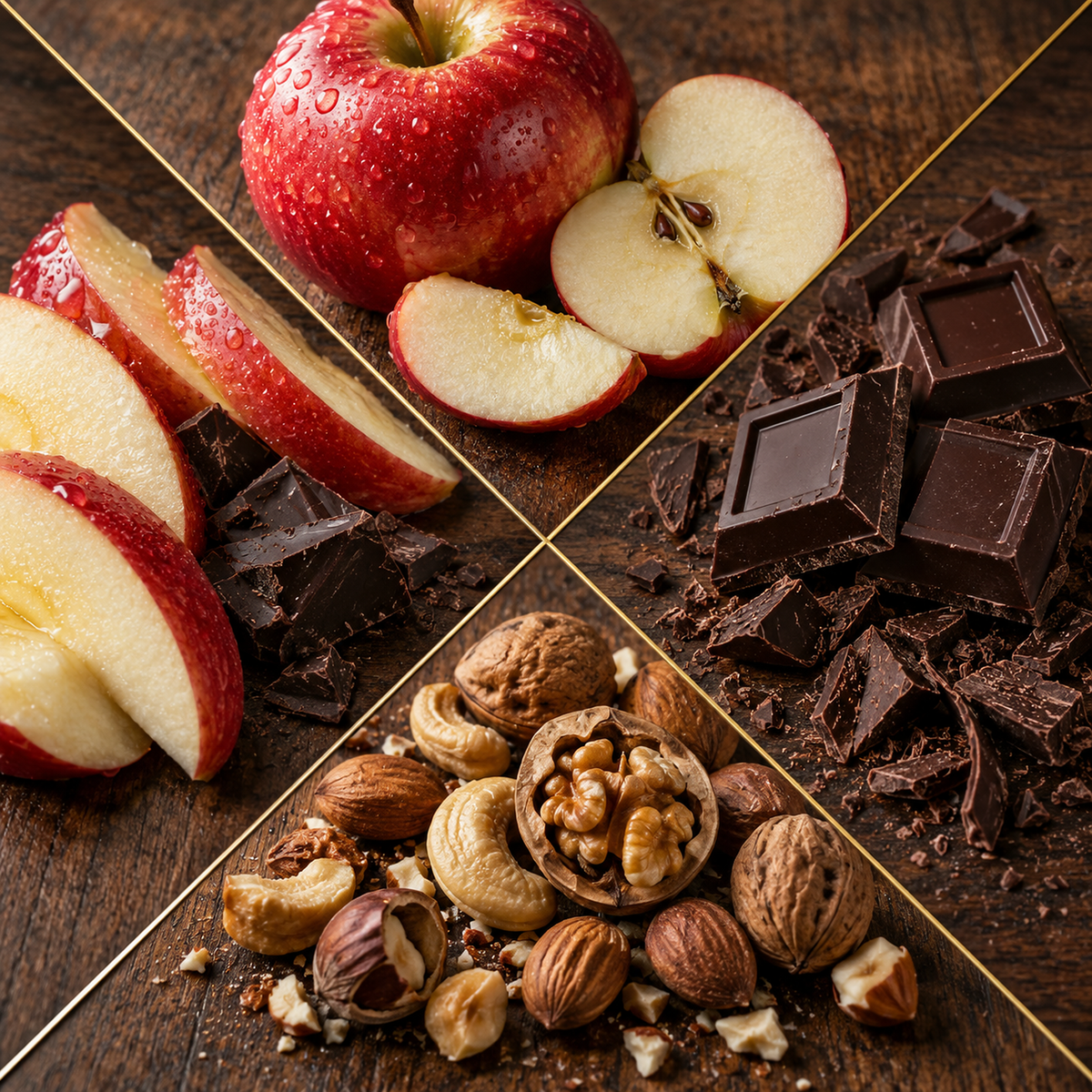 A styled food flat-lay on a dark wood surface divided by diagonal gold lines, showing red apples, chocolate chunks, and mixed nuts including walnuts, pecans, cashews, and hazelnuts.