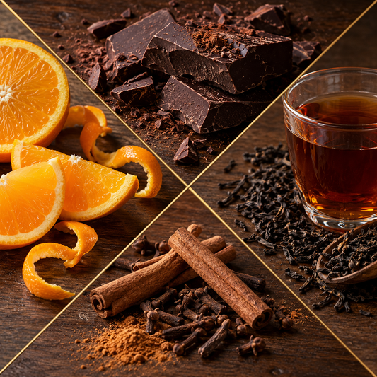 A styled flat-lay collage of warm beverage ingredients on a dark wooden surface, including orange slices and peels, dark chocolate chunks, a glass of amber tea, loose tea leaves, cinnamon sticks, cloves, and cocoa powder, divided by thin gold diagonal lines.