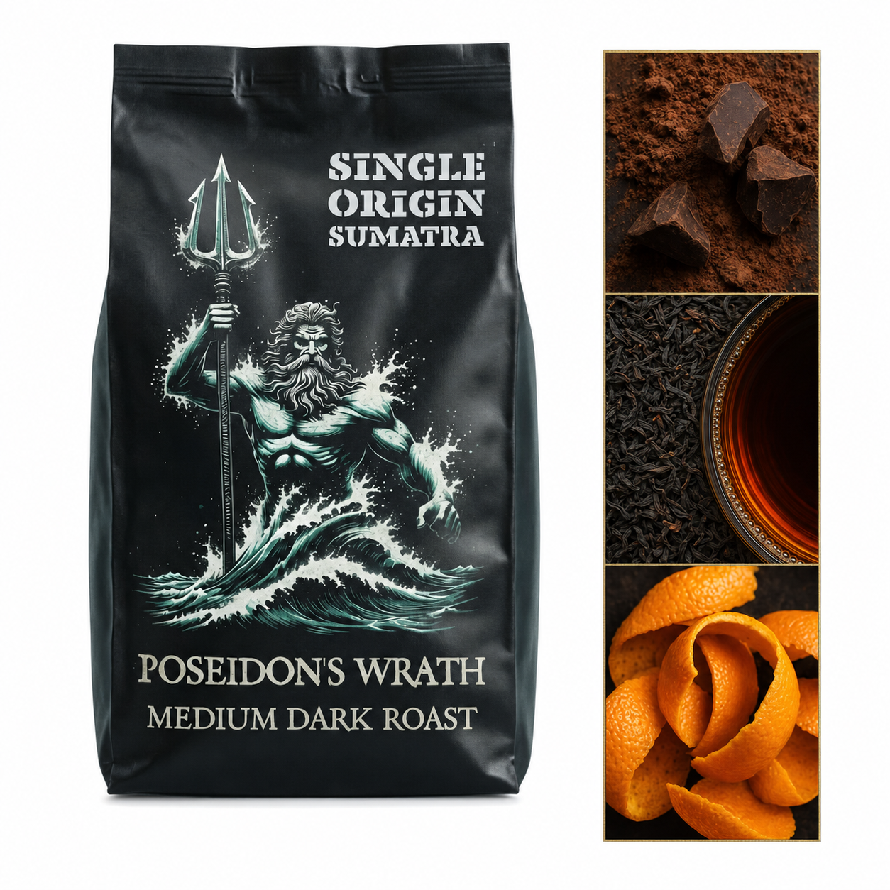 poseidons wrath bilge brew coffee bag wiht images of dark chocolate, black tea, and orange peel