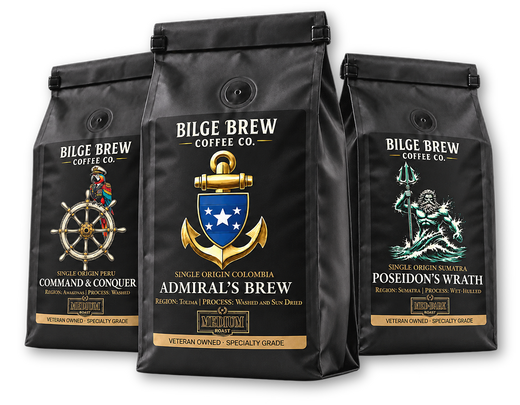 Three black coffee bags from Bilge Brew Coffee Co. displayed side by side on a white background, featuring military-themed labels: Command & Conquer, Admiral's Brew, and Poseidon's Wrath.