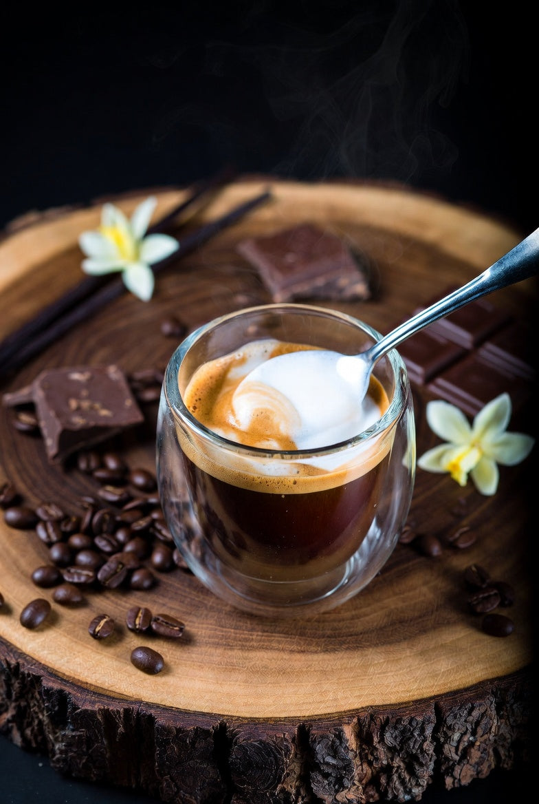 Steaming coffee in a glass with whipped cream, surrounded by chocolate and coffee beans on a wooden board.