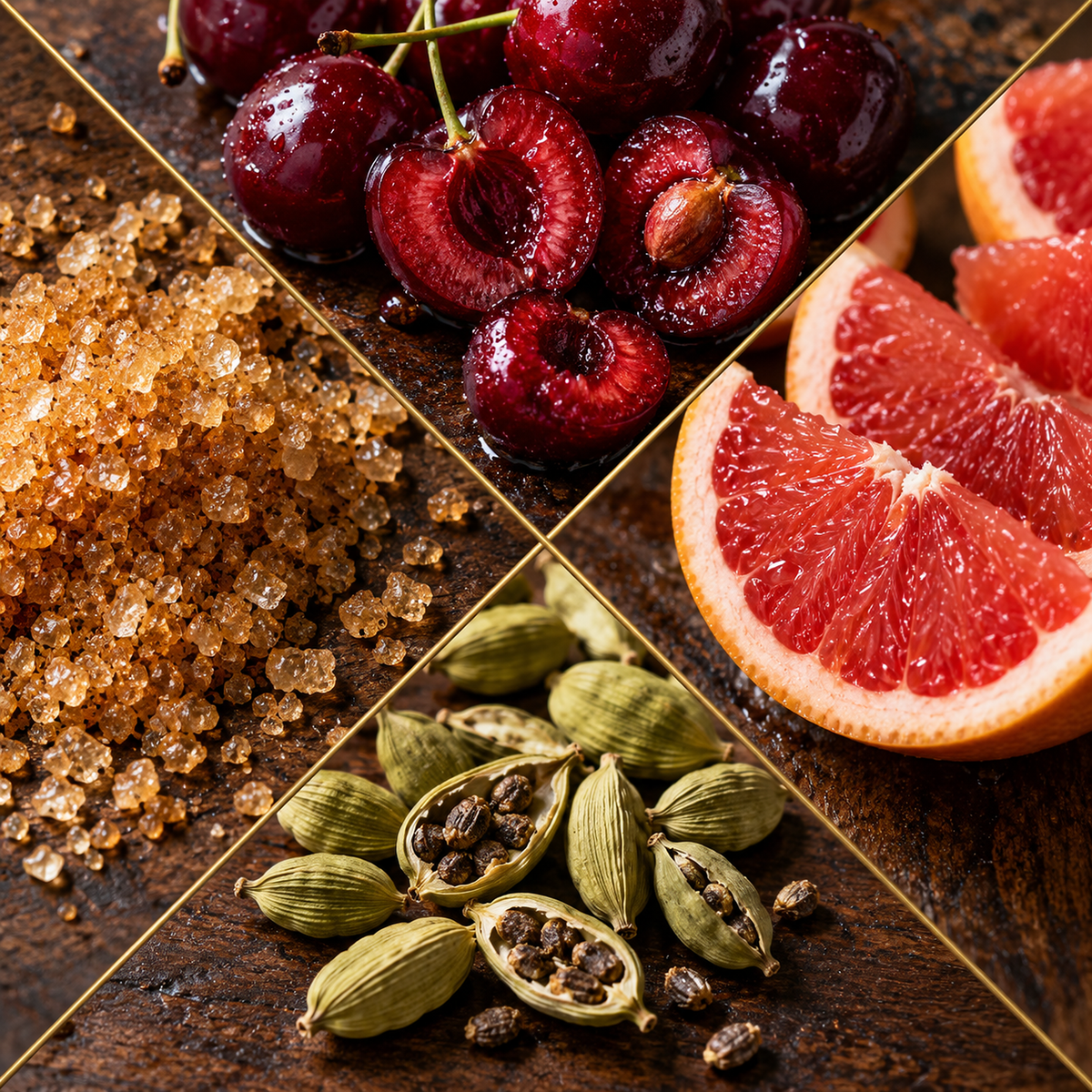 A close-up collage of food ingredients on a dark wooden surface: glossy dark red cherries, sliced pink grapefruit, coarse brown sugar, and green cardamom pods with seeds.