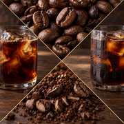A four-panel collage showing coffee ingredients and prepared coffee on a wooden surface: roasted coffee beans, dark brewed coffee in a glass with milk swirl, crushed coffee grounds, and more coffee beans in a glass with ice. Thin gold diagonal lines divide the panels.
