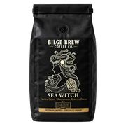 A black coffee bag from Bilge Brew Coffee Co. featuring a gold and white illustration of a mermaid with a shell on her head, labeled 'Sea Witch' on a clean white background.