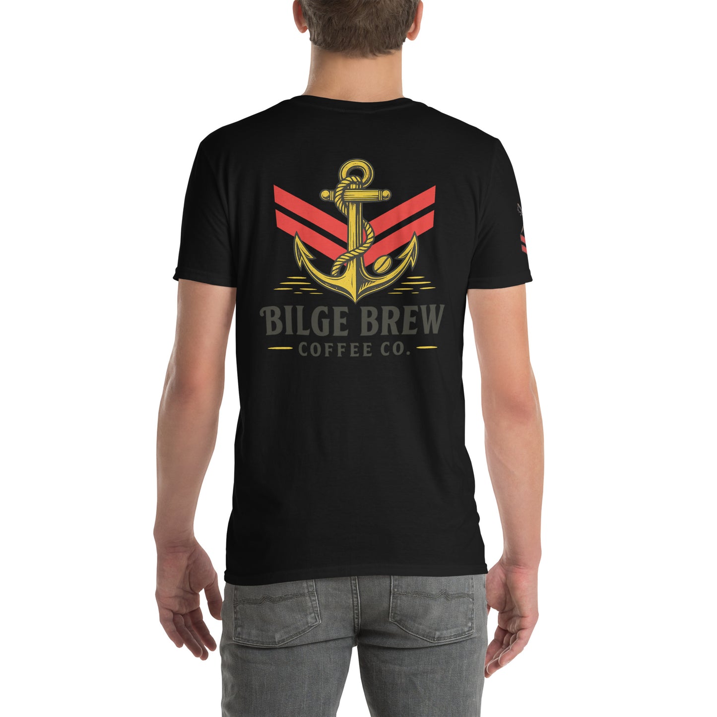 Black t-shirt with an anchor design and 'Bilge Brew Coffee Co.' text on a white background