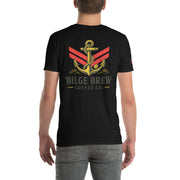 Black t-shirt with an anchor design and 'Bilge Brew Coffee Co.' text on a white background
