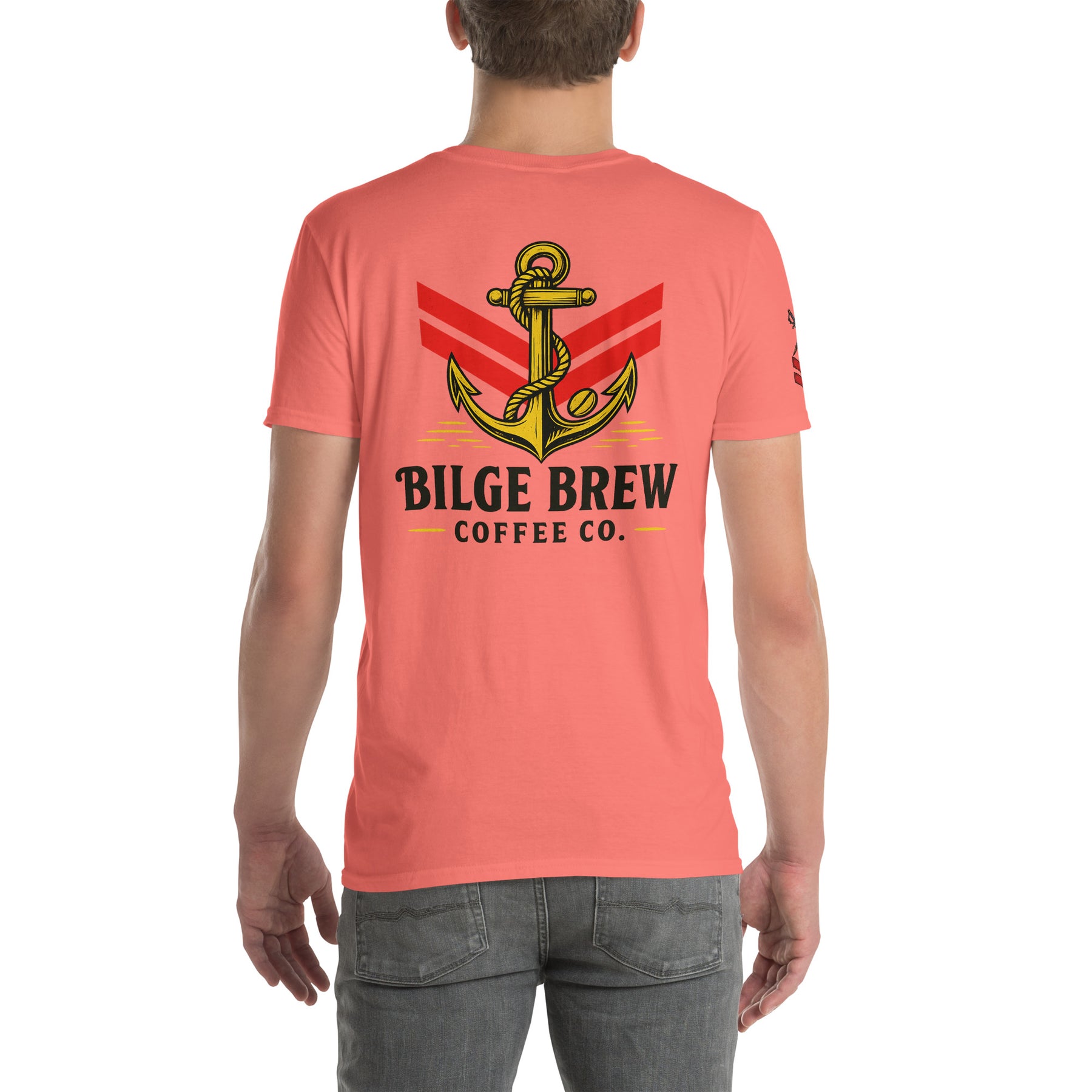 Person wearing a coral t-shirt with an anchor graphic and 'Bilge Brew Coffee Co.' text.