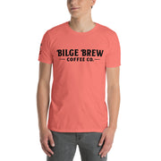 Person wearing a coral t-shirt with 'Bilge Brew Coffee Co.' text on a white background