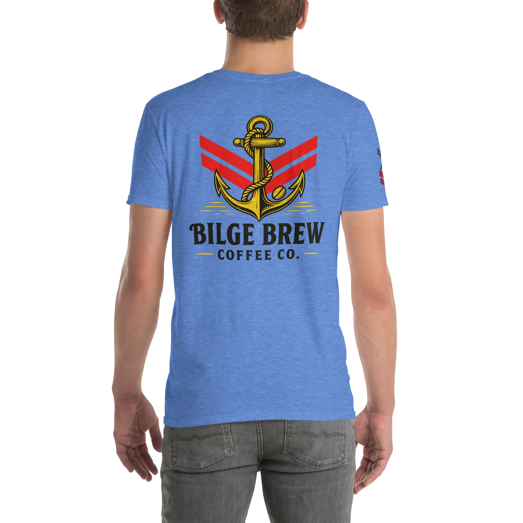 Person wearing a blue t-shirt with an anchor design and 'Bilge Brew Coffee Co.' text.