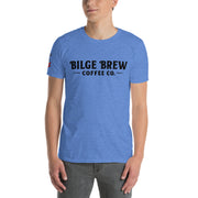 Person wearing a blue t-shirt with 'Bilge Brew Coffee Co.' text on a white background