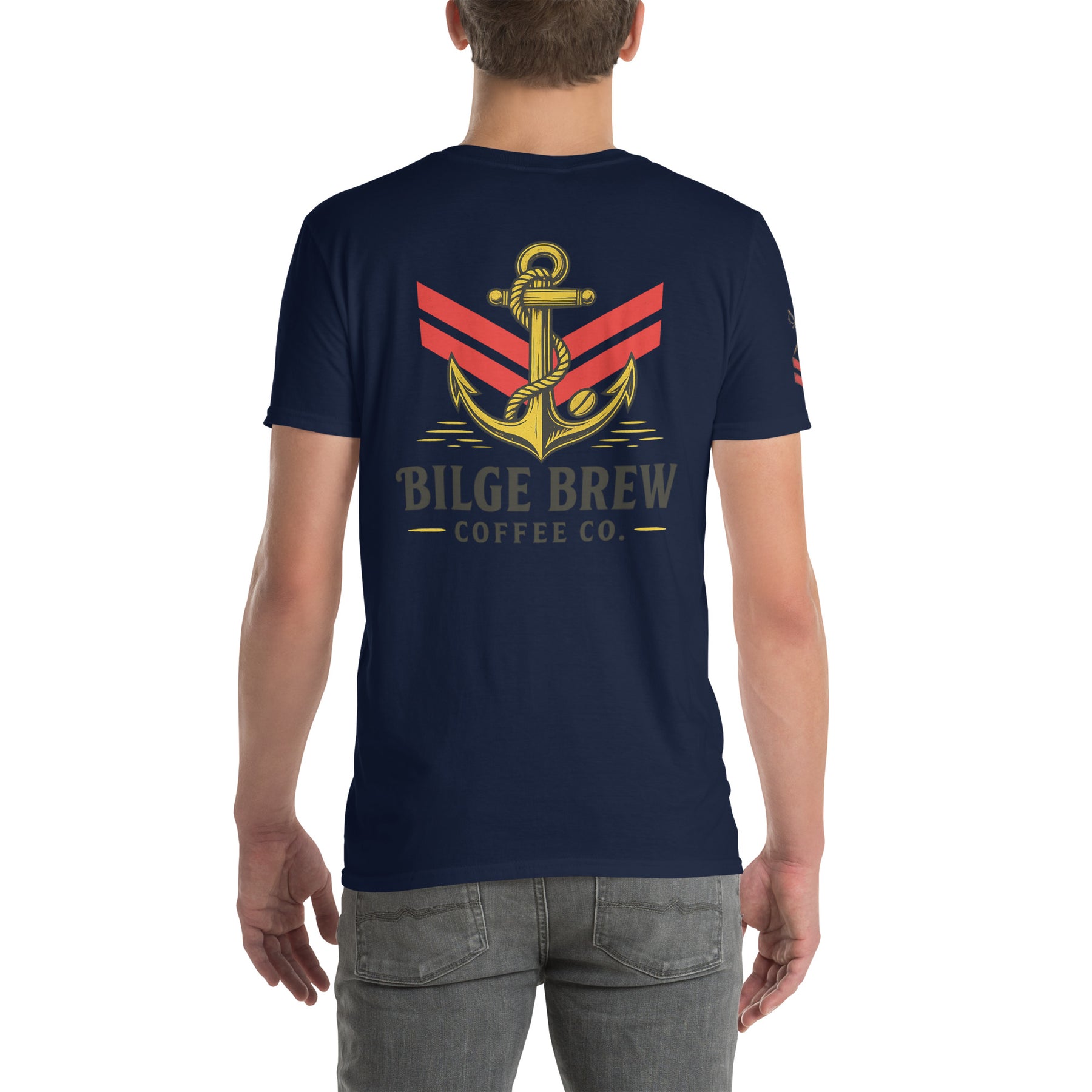 Navy blue t-shirt with 'Bilge Brew Coffee Co.' design on a white background
