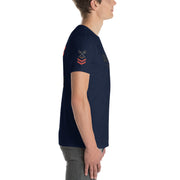 Person wearing a navy blue t-shirt on a white background