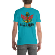 Person wearing a blue t-shirt with an anchor design and 'Bilge Brew Coffee Co.' text.