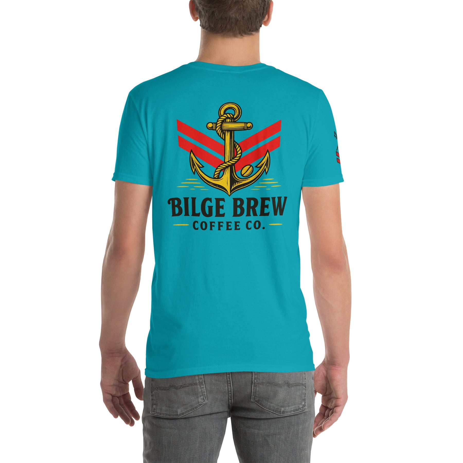 Person wearing a blue t-shirt with an anchor design and 'Bilge Brew Coffee Co.' text.