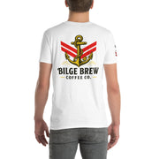 Person wearing a white t-shirt with 'Bilge Brew Coffee Co.' design on a white background