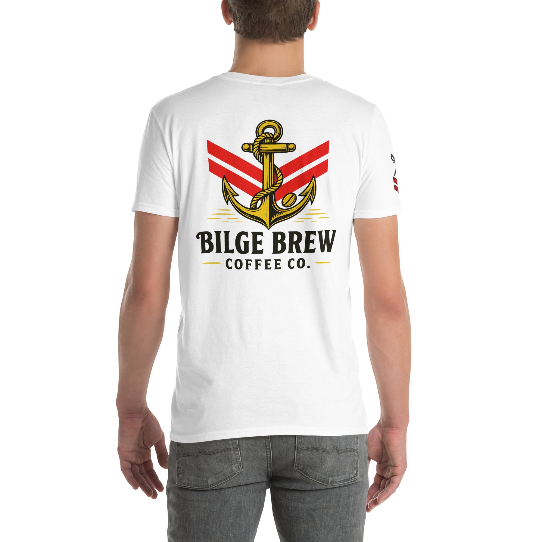 Person wearing a white t-shirt with 'Bilge Brew Coffee Co.' design on a white background
