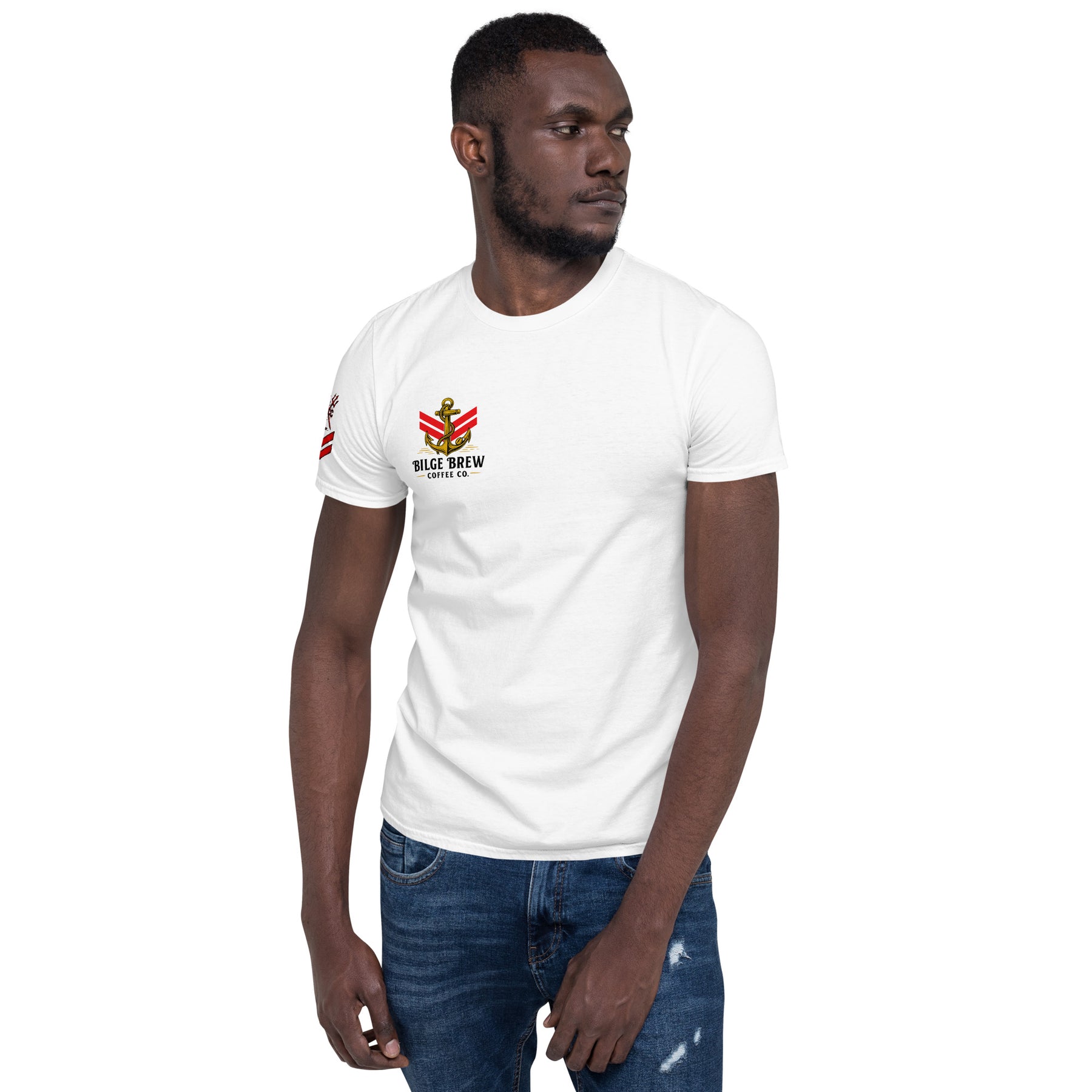 Man wearing a white t-shirt with a logo on a white background