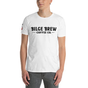 Person wearing a white t-shirt with 'Bilge Brew Coffee Co.' text on a white background
