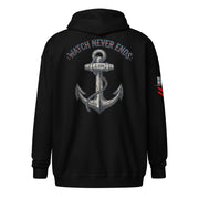 Black hoodie with anchor design and text on the back, on a white background