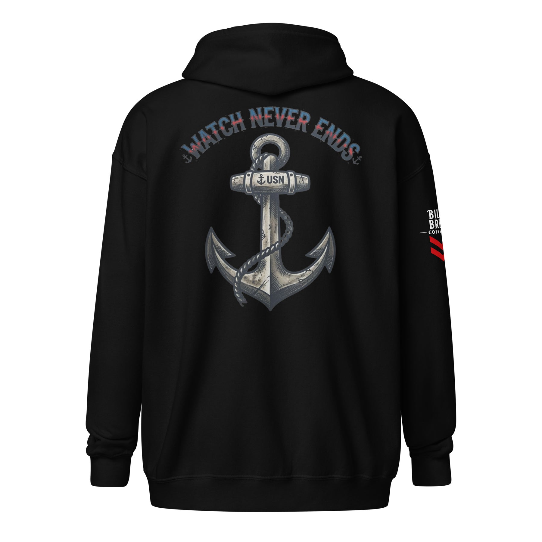 Black hoodie with anchor design and text on the back, on a white background