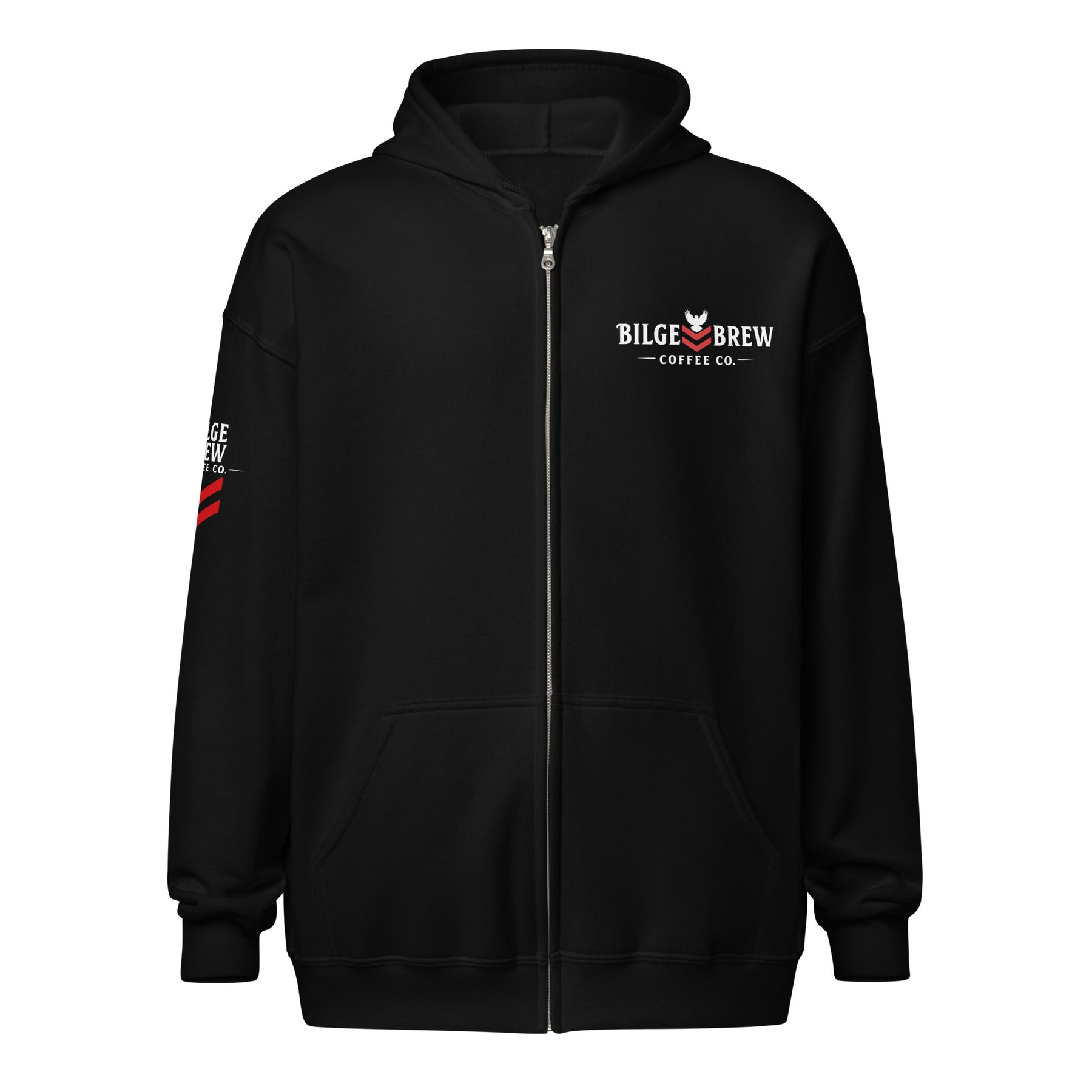 Black hoodie with 'Bilge Brew Coffee Co.' logo on a white background