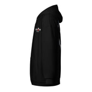 Black hoodie with a logo on the chest against a white background