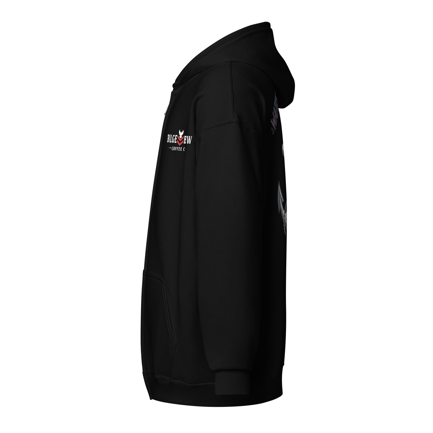 Black hoodie with a logo on the chest against a white background