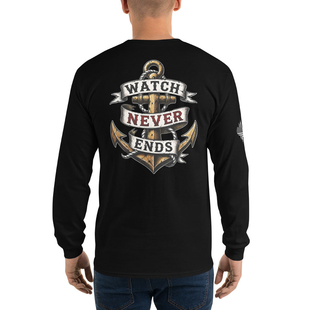 Black long-sleeve shirt with anchor design and text on the back, worn by a person.