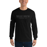 Person wearing a black long-sleeve shirt with 'Bilge Brew Coffee Co.' logo on a white background