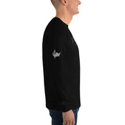 Person wearing a black long-sleeve shirt with text and logo on a white background