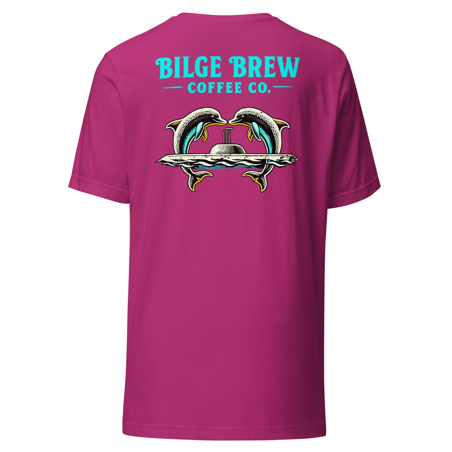 heather pink shirt with dolphins jumping over a submarine and bilge brew coffee co text