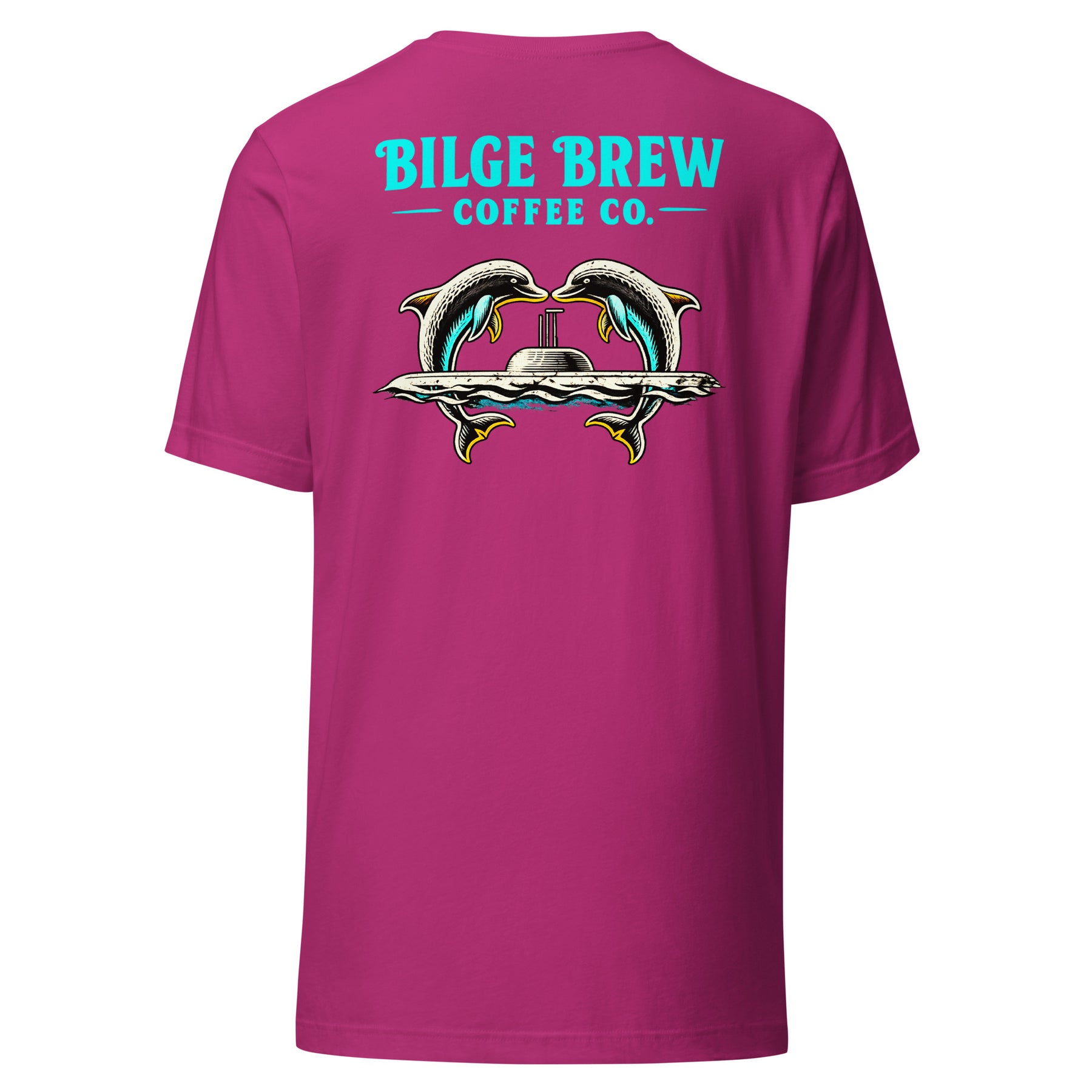 heather pink shirt with dolphins jumping over a submarine and bilge brew coffee co text
