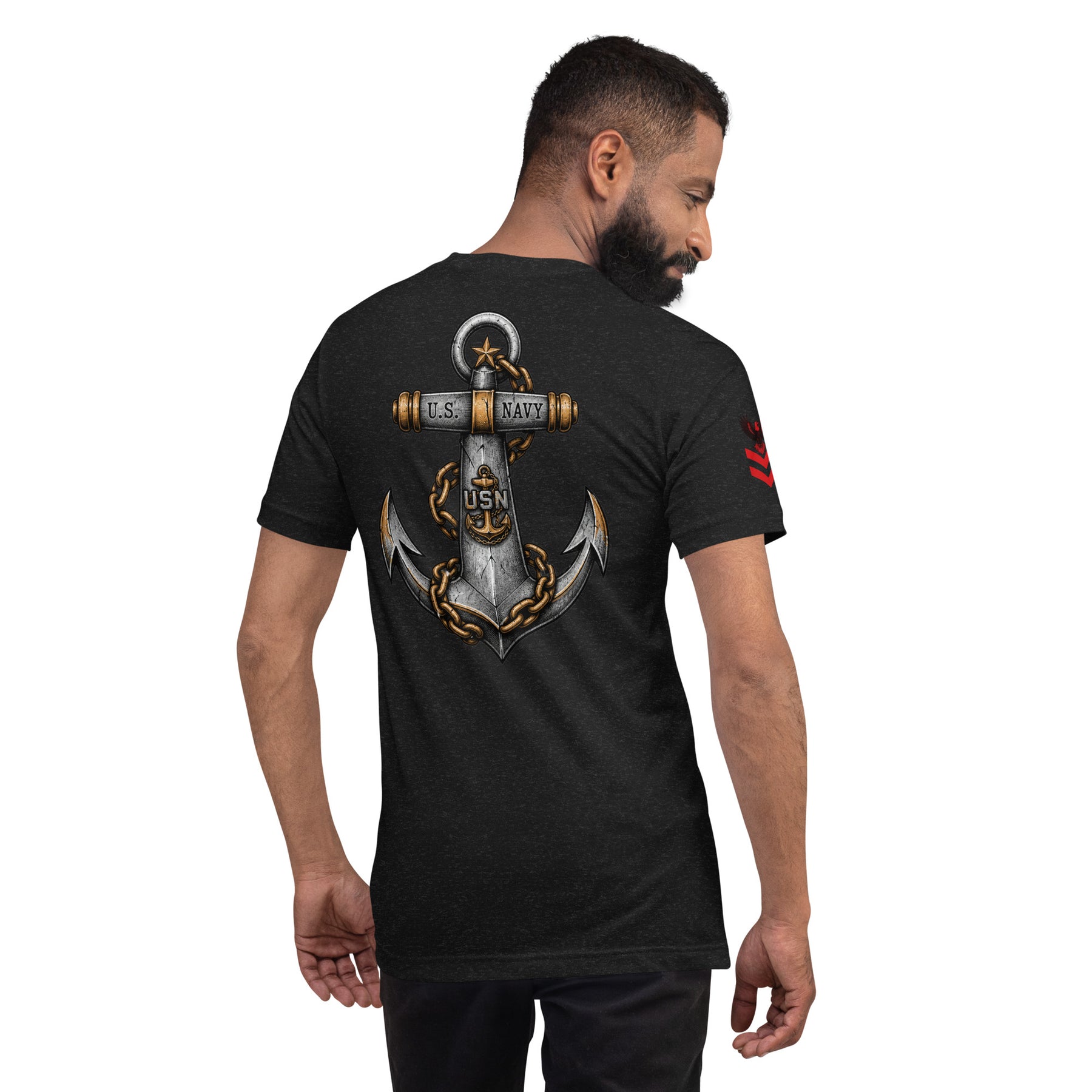 Man wearing a black t-shirt with a U.S. Navy anchor design on the back.