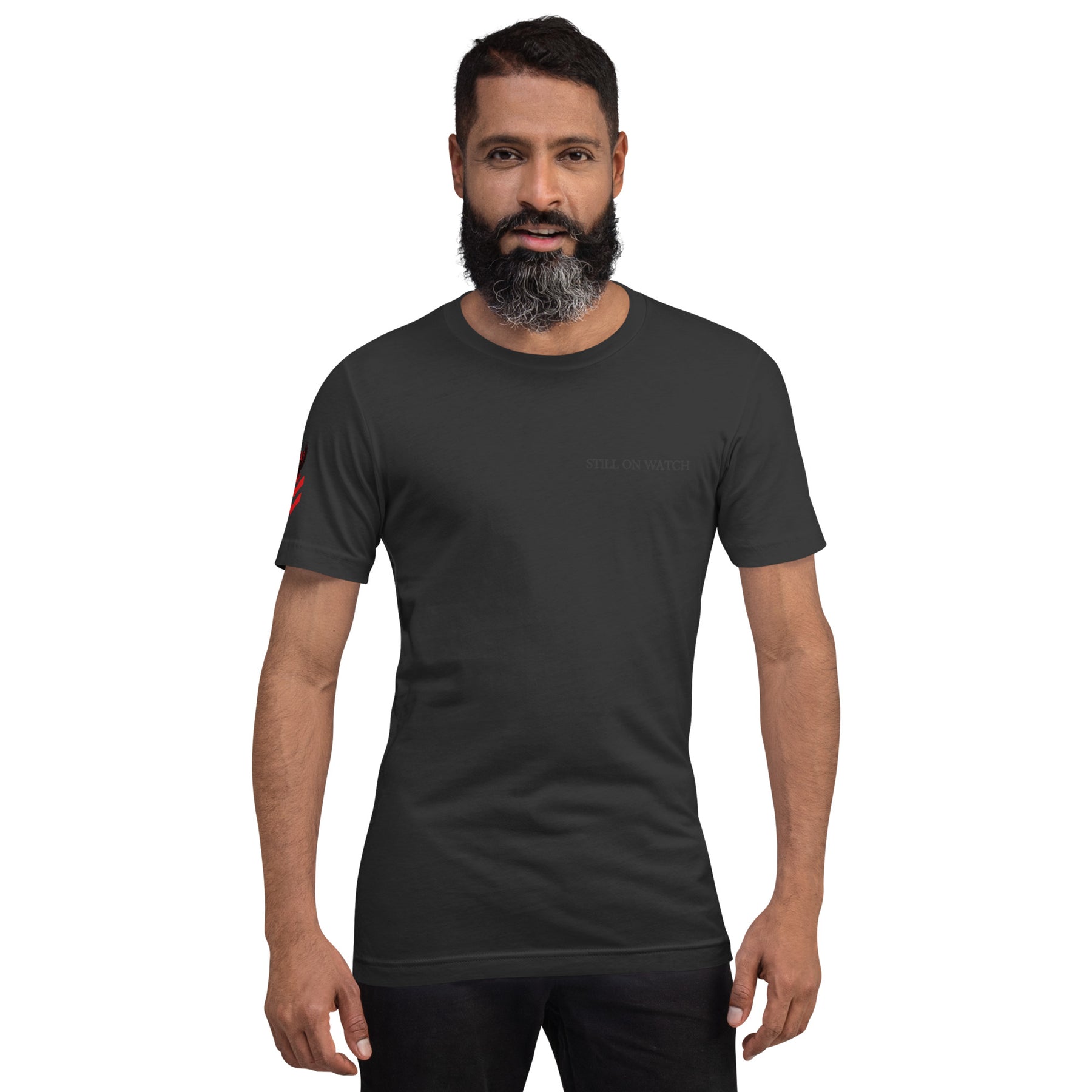 Man wearing a black t-shirt on a white background