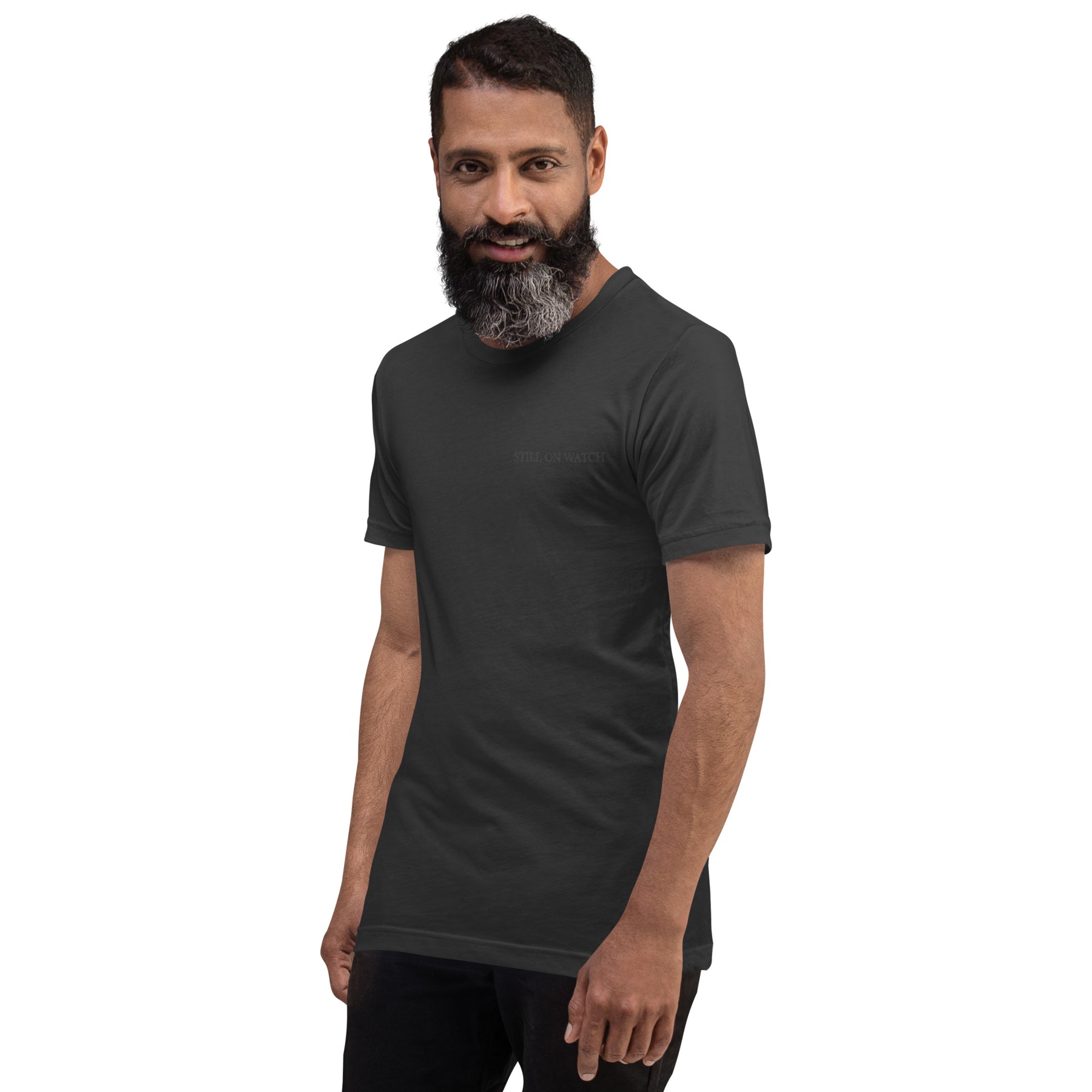 Man wearing a black t-shirt on a white background
