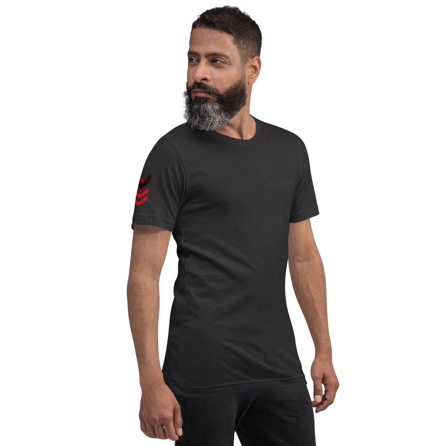 Man wearing a black t-shirt on a white background