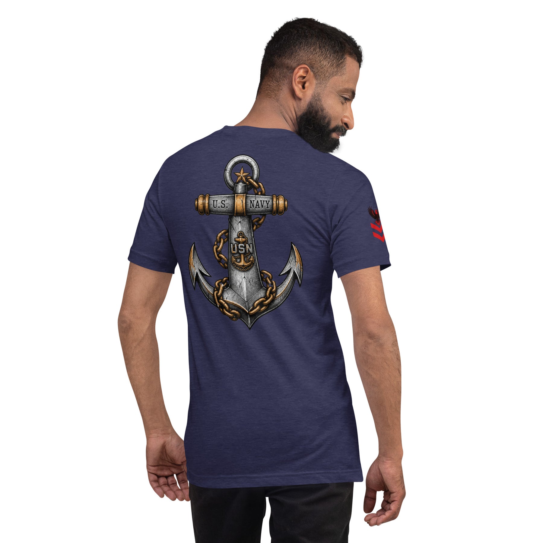 Man wearing a navy blue t-shirt with a U.S. Navy anchor design on the back.