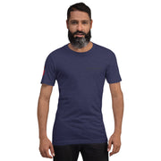 Man wearing a navy blue t-shirt with a logo on a white background